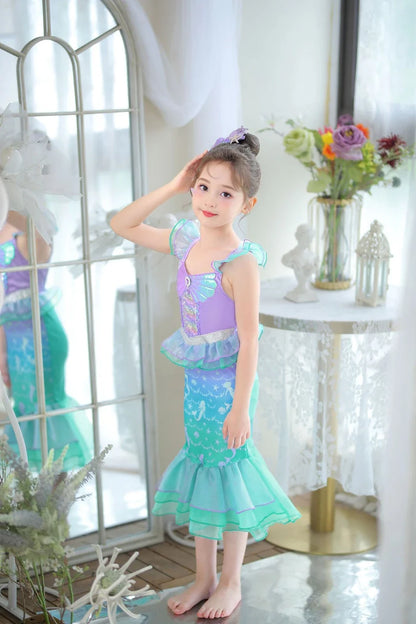Halloween Costume Mermaid Dress Girl Ruffles Shell Fishtail Frocks Ariel Fantasy Luxury Princess Gown Children Fancy Fairy Dress