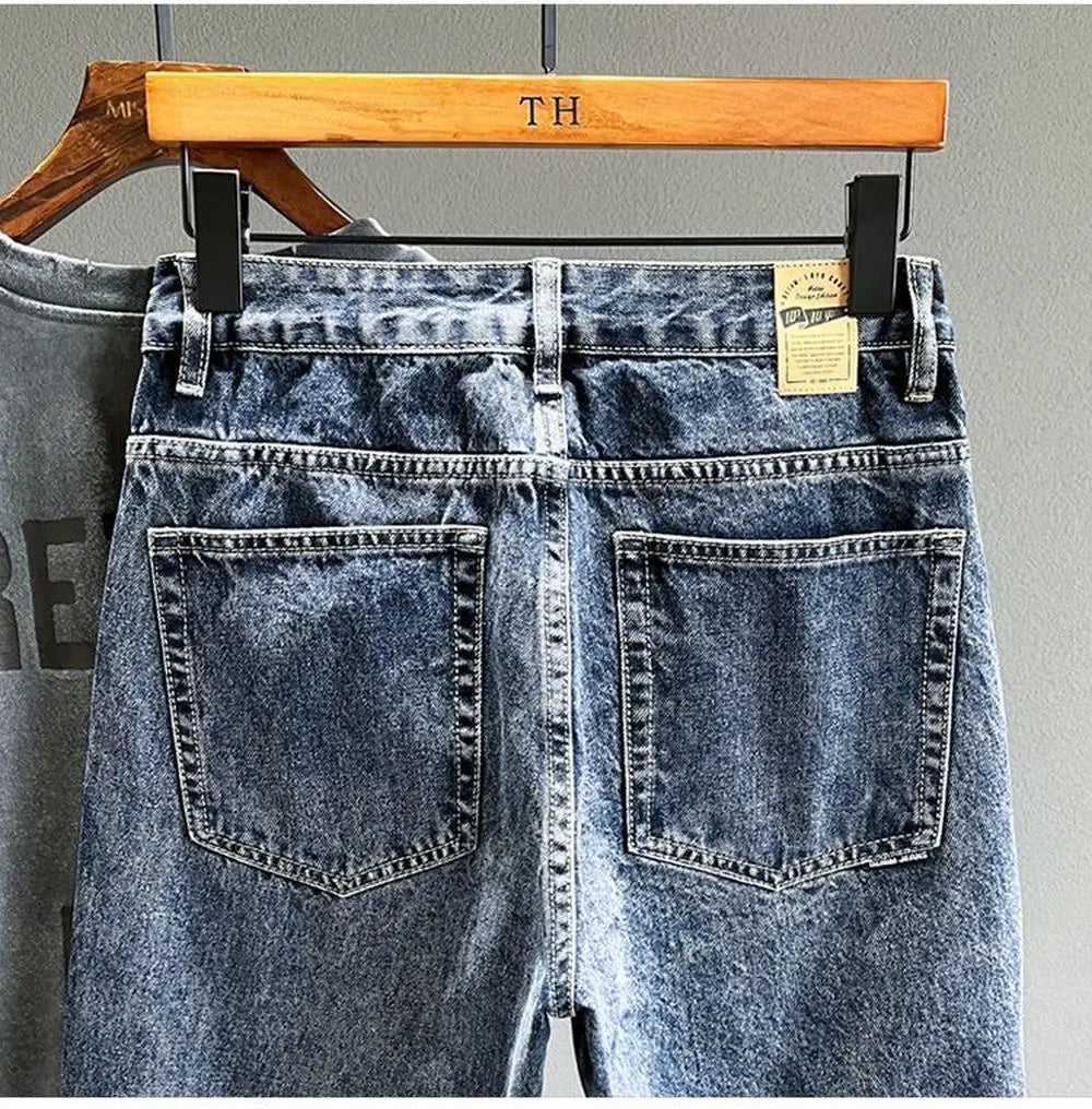 Korean Vintage Loose Tapered Men's Jeans Fashion High Street Drape Harem Pants Youth Hip Hop Streetwear Male Blue Denim Trousers