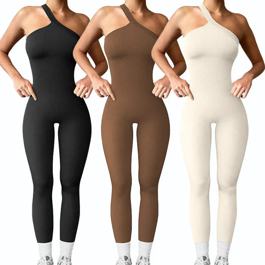Women Yoga Jumpsuits Workout Ribbed One Shoulder One Piece Sport Jumpsuits Solid Sleeveless Hip Lifting Fitness Jumpsuits