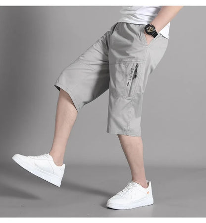 Men Cropped Cargo Shorts Men's Casual Sports Pants Zipper Pocket Summer Cotton Shorts Running Jogger Shorts Elastic Waist