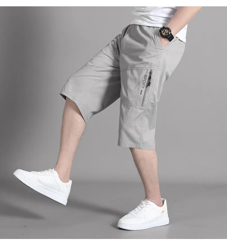 Mens Cargo Shorts Knee Pants Zipper Pocket Summer Cotton Shorts Climbing Jogger Elastic Waist Sports Wear