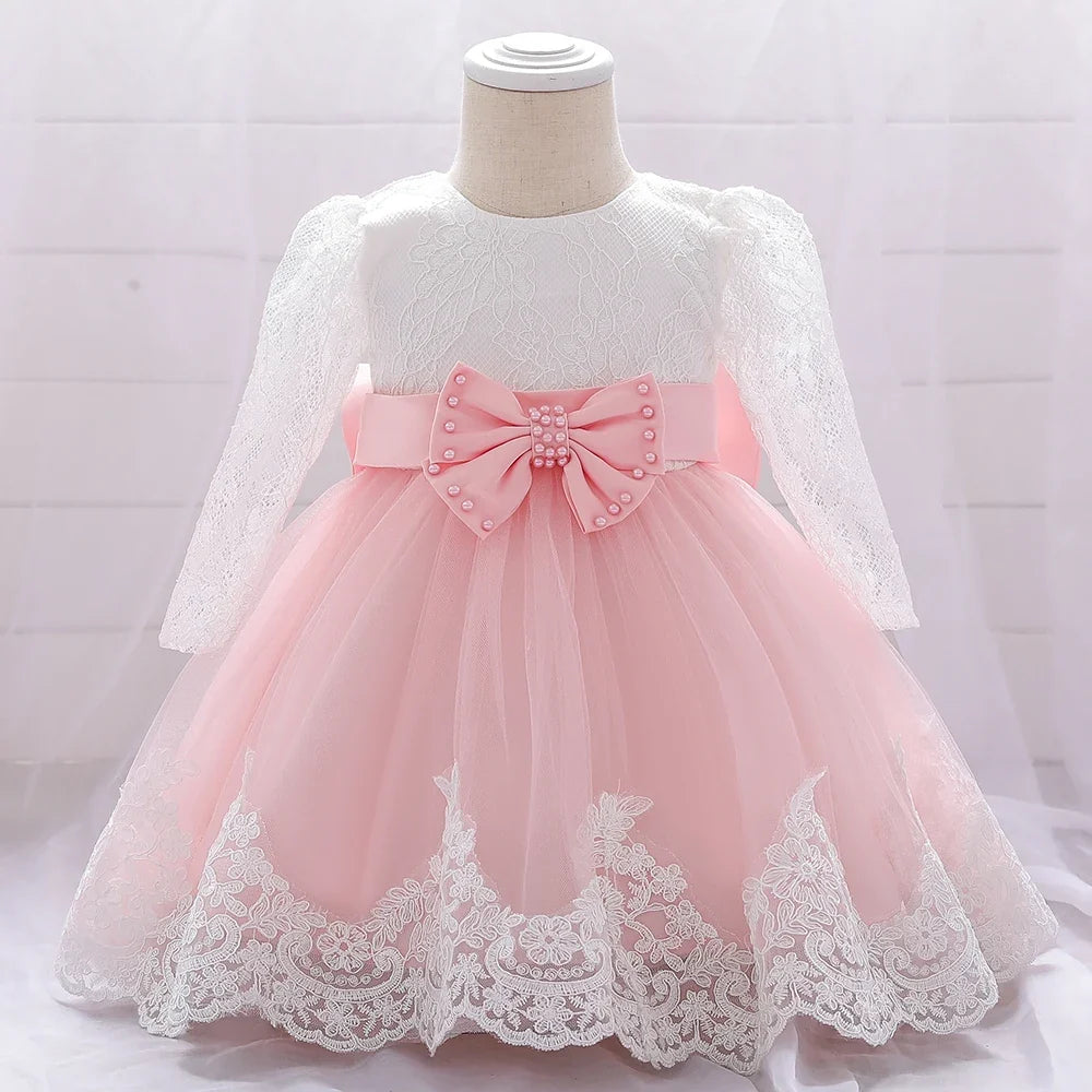 Long Sleeve Baby Girls Dress Newborn White Baptism Tulle Party Wedding 1st Birthday Princess Dresses Infant Girls Bow Prom Gown