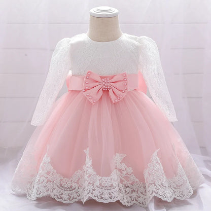 Long Sleeve Baby Girls Dress Newborn White Baptism Tulle Party Wedding 1st Birthday Princess Dresses Infant Girls Bow Prom Gown