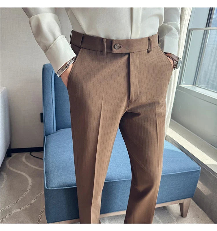 Spring Autumn New Elastic Waist Casual Trousers Male High Waist Dark Striped Slim Fit Pants Men Business Formal Casual Suit Pant