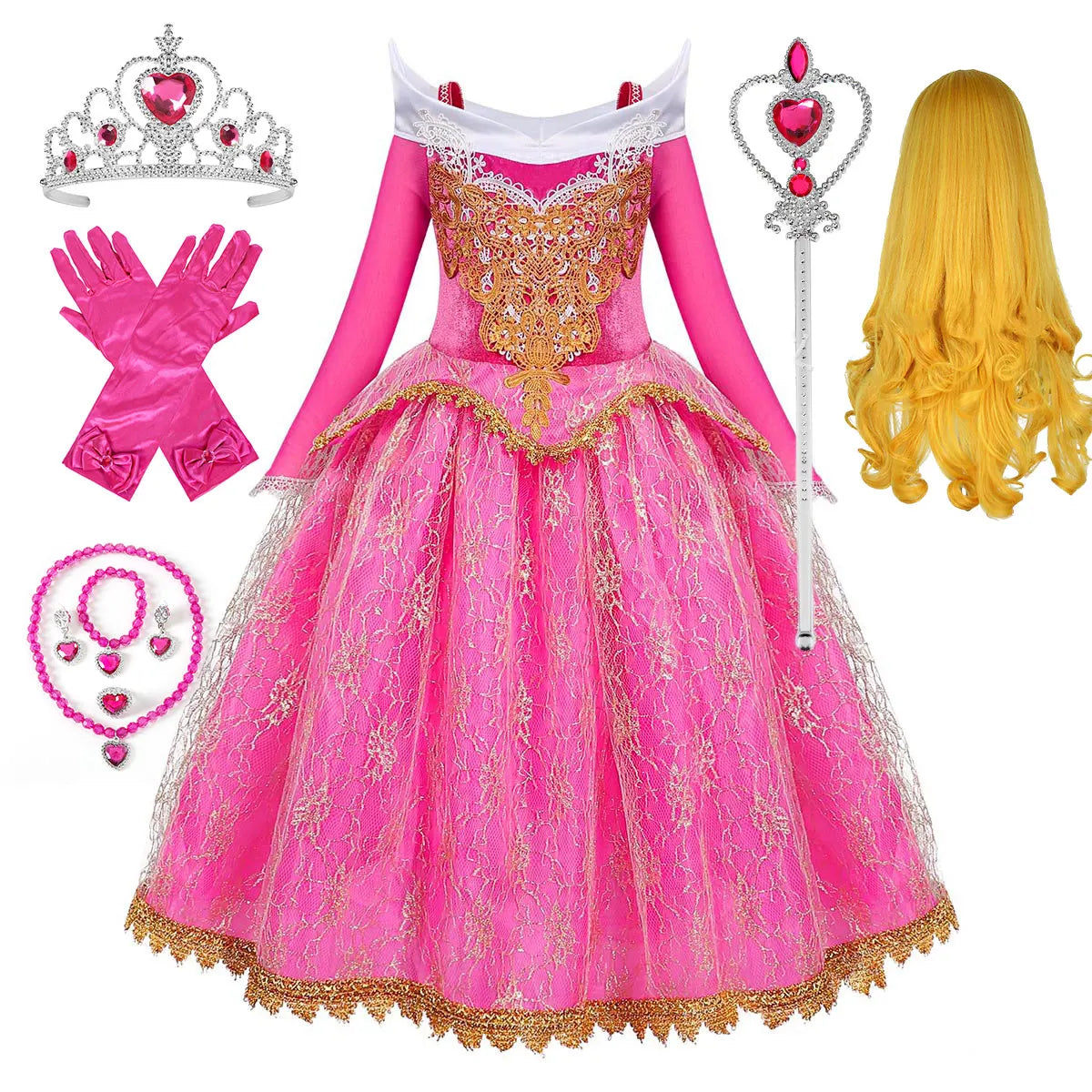Exquisite Princess Ball Gown Sleeping Beauty Fairy Tale Costume Play Lace Gold Rim Deluxe Christmas Aurora Party Dress 2 4 6 8Yr
