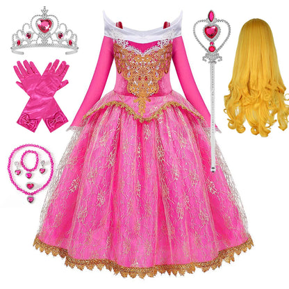 Exquisite Princess Ball Gown Sleeping Beauty Fairy Tale Costume Play Lace Gold Rim Deluxe Christmas Aurora Party Dress 2 4 6 8Yr