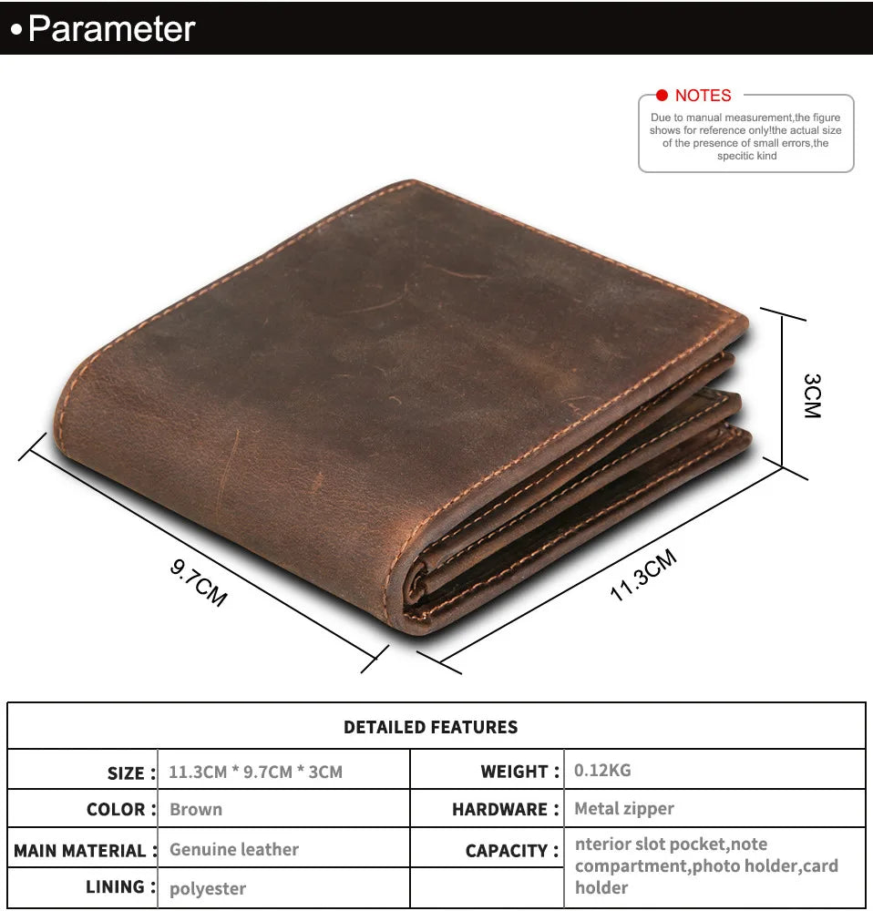 Portefeuille homme en cuir véritable de vachette vintage avec blocage RFID, fait à la main, avec porte-monnaie, portefeuille court