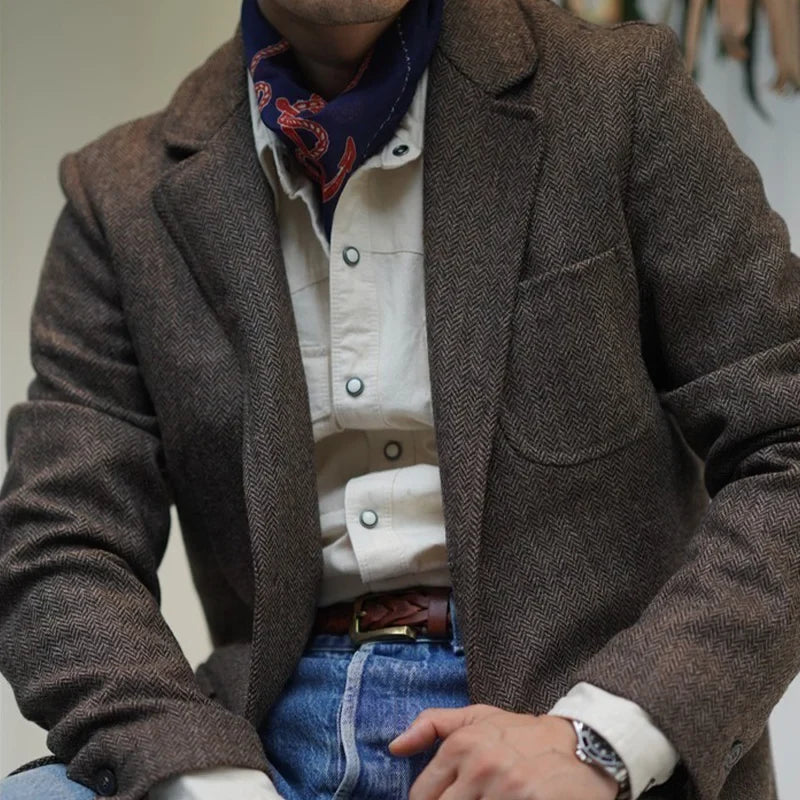 Spring Men's Peaky Blinders British Retro Tweed Wool Herringbone Hunting Casual Blazer