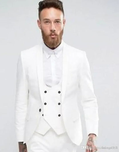 Handsome White Groom Tuxedos Shawl Lapel Groomsmen Men Wedding Dress Fashion Man Jacket Blazer 3 Piece Suits (Jacket+Pants+Vest)