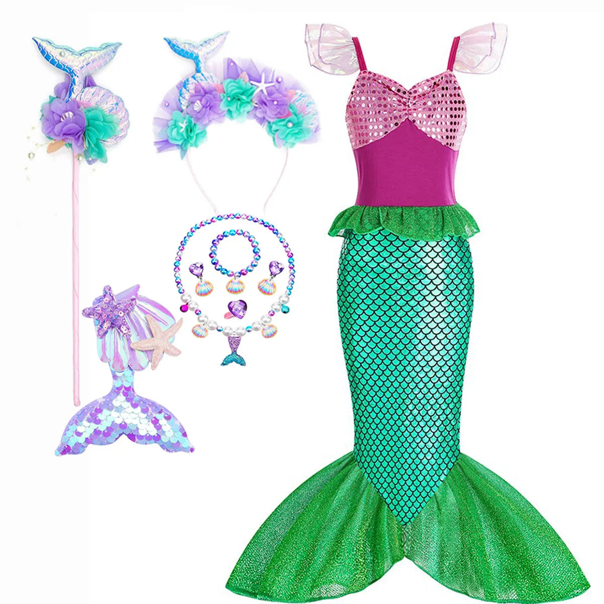 Halloween Little Mermaid Ariel Princess Costume Summer Purple Dress Girls Cosplay Mermaid Carnival Birthday Party Swimsuit Set