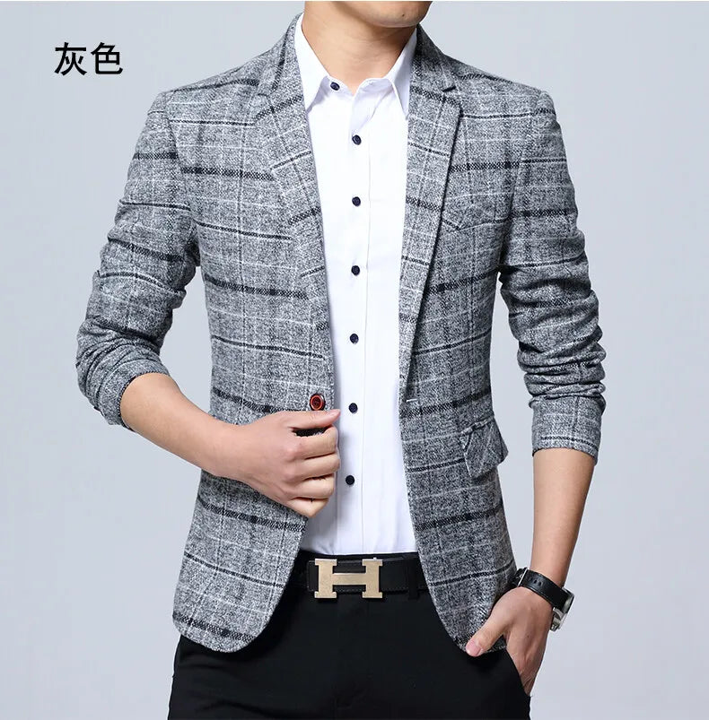 Men's Korean Style Spring Autumn Casual Small Suit Checkered Jacket Fitted Large Size Single Western Wear