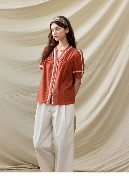 French New Blouses Women Summer New 2025 Short Sleeve V-neck Color Matching Shirts Female Fashion Lazy Style MXE31X1766