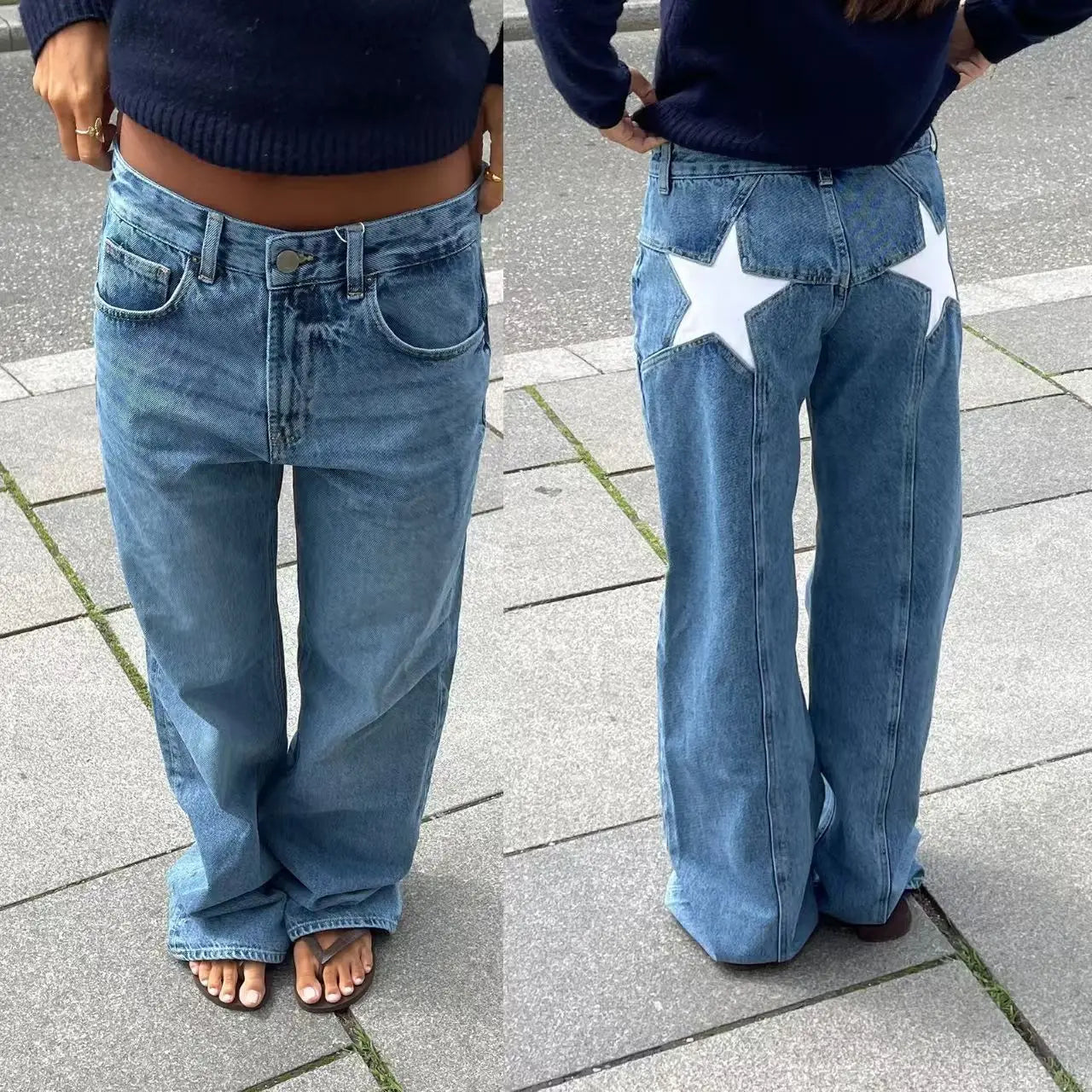 European and American Leopard Print Star Patch Jeans Street Women's High Waist Jeans Fashion Clothing Vintage Straight Trousers
