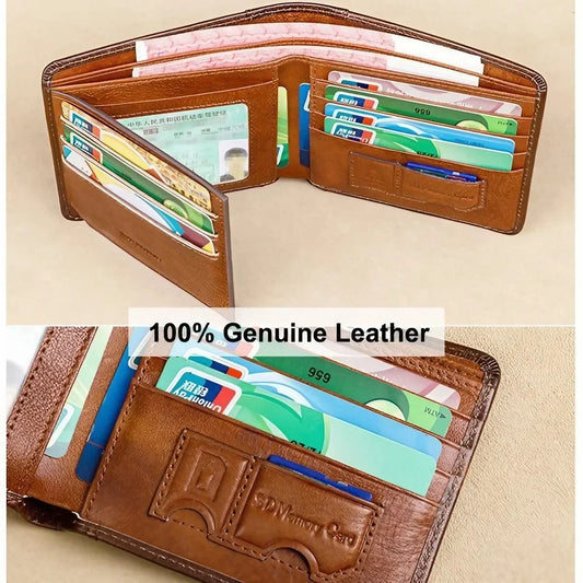Portefeuille en Cuir Véritable pour Homme, Blocage RFID, Porte-Cartes de Crédit Mince Multifonctionnel, Porte-Monnaie Court, Portefeuille Pliant pour Homme