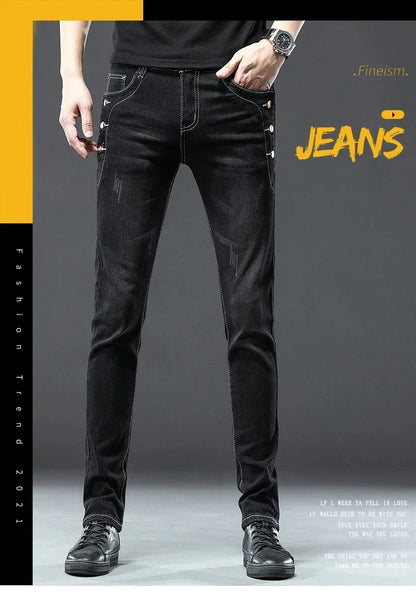 Men's Vintage Jeans Designer Korean Fashion Snowflake Wash Stretch Straight Pencil Pants Classic Slim Male Denim Trousers