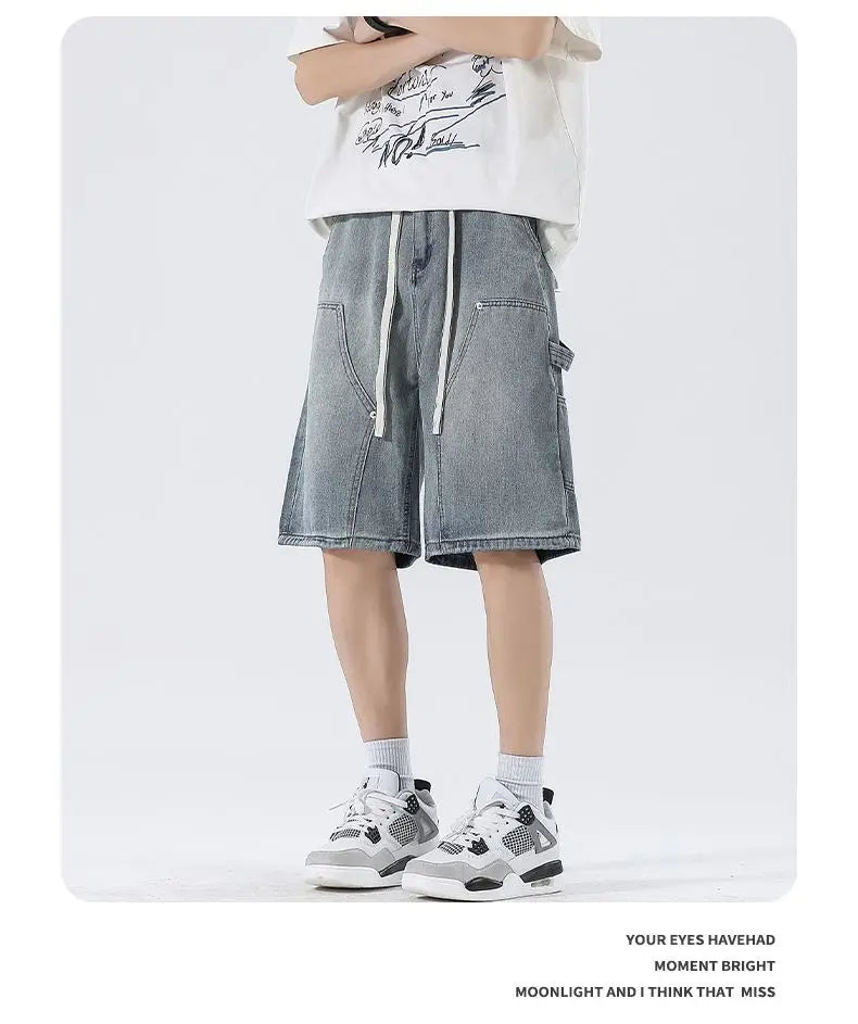 Men's Baggy Cargo Shorts Summer New Fashion Drawstring Straight Casual Jeans Streetwear Pocket Splicing Male Short Pants