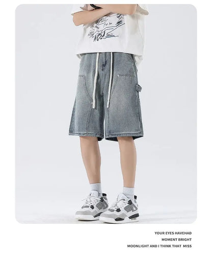 Men's Baggy Cargo Shorts Summer New Fashion Drawstring Straight Casual Jeans Streetwear Pocket Splicing Male Short Pants