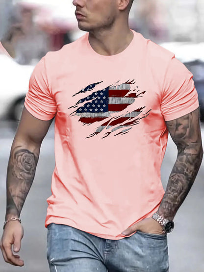Men's Summer Casual Loose Size 100% Cotton Trendy American Flag Pattern Print Round Neck Short Sleeve T-shirt Top