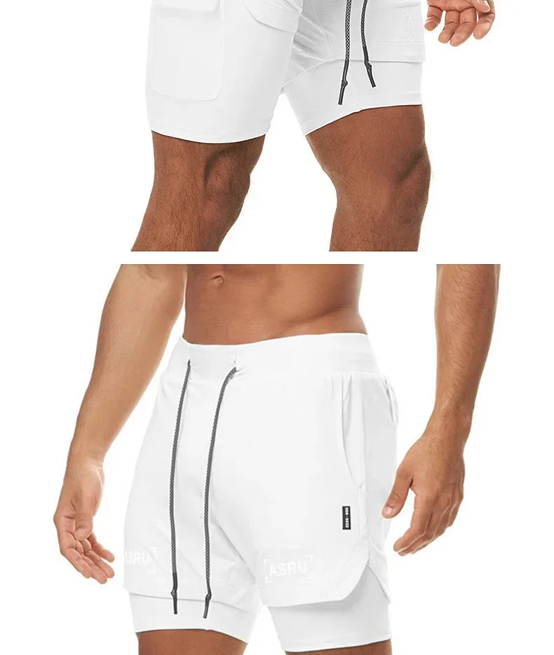 Men's 2 in 1 Double-deck Gym Shorts Quick Dry Summer Running Workout Shorts Zipper Pockets Slim Fit Fitness Training Short Pants
