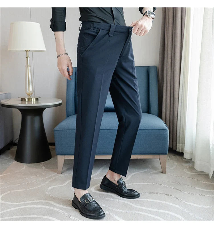 Elastic Waist Solid Color Suit Pants Men Formal Slim Fit Business Casual Trouser High Quality Social Wedding Fashion Dress Pant