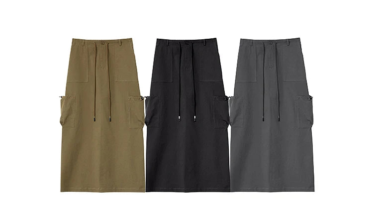 Minimalist Women Clothing Skirt 2025 Autumn New Casual Loose Multi-pocket Drawstring Elastic Waist Long Skirt 12522020