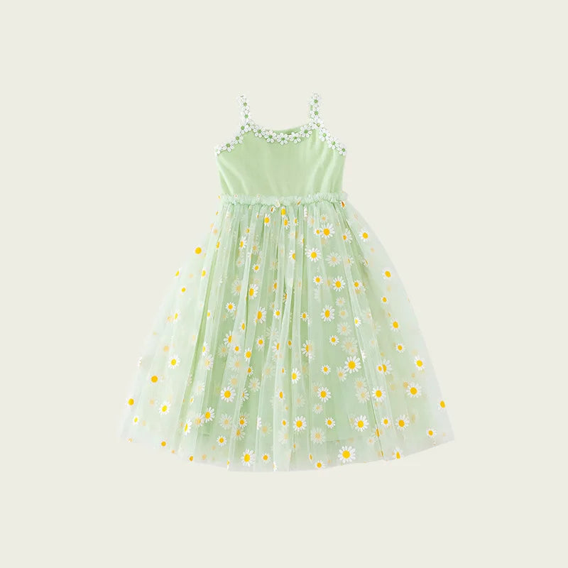 Girls Casual Dresses Little Daisy Flower Mesh Dress for Girls Summer Camisole Pompadour Dress Girls Clothes for2 To 7 Years