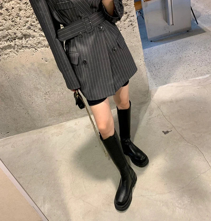 Ele Stripe Loose Faionable Suit Jaet with Belt Hong Kong Sle Retro Chic Top Women's Busin Casual Outerwear