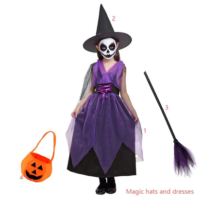 Kids Witch Halloween Costume Witch Cosplay Dress and Magic Hat Set Carnival Party Clothes for Girls Gothic Vampire Costume