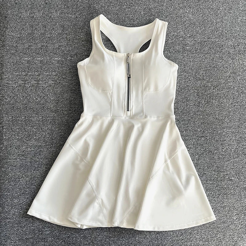 Tennis Skirt Casual Half Zipper Sports Fitness Dress Anti-Running High Waist Slim Golf Yoga Dress