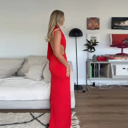 Red Asymmetrical Draped Backless Maxi Dress One Shoulder High Neck Cutout Bodycon Evening Gown For Women Formal Party