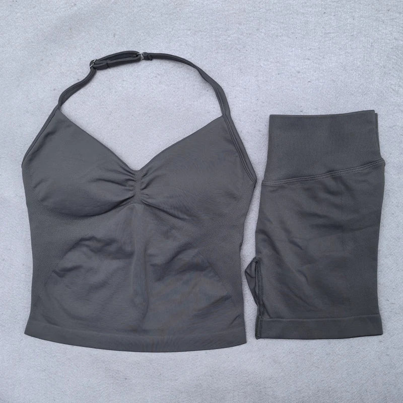 2 Pieces Yoga Set Women Backless Halter Tops High Waist Seamless Shorts Gym Suit Fitness Clothes Sportswear Workout Sets