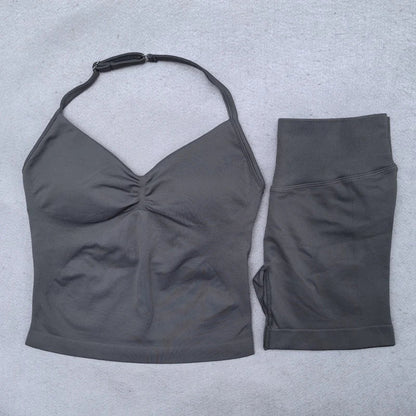 2 Pieces Yoga Set Women Backless Halter Tops High Waist Seamless Shorts Gym Suit Fitness Clothes Sportswear Workout Sets