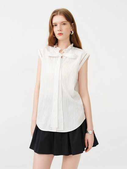 2026 Summer Women’s Striped Ruffle Tie-Neck Sleeveless Blouse, Breathable Office Top for Lightweight Elegant Office Style