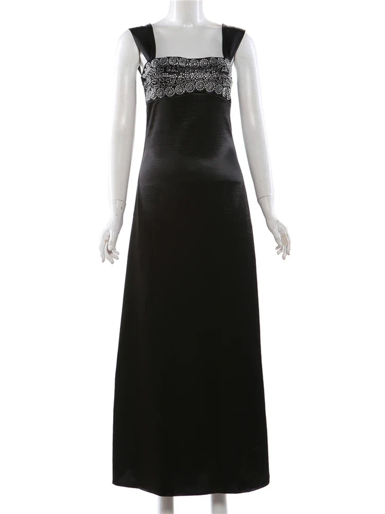 Elegant Strap Dress Women Low-Neck Patchwork Classic Evening Sexy Stain Valentine's Day Dating Slim Coquette Long Bodycon