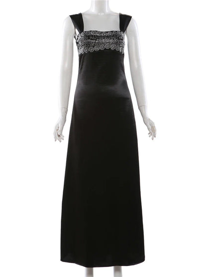 Elegant Strap Dress Women Low-Neck Patchwork Classic Evening Sexy Stain Valentine's Day Dating Slim Coquette Long Bodycon