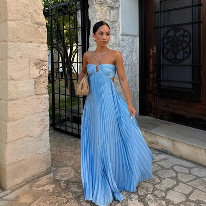 2025 New Women's Fashionable and Elegant Summer Camisole Beach Vacation Long Dress Elegant Backless Pleated Long Dress