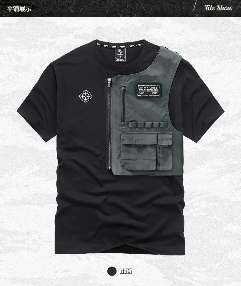 Fashion Men Black Techwear 100% Cotton Patch Stich Short Sleeve T-Shirts Summer Mens Oversized Locomotive Style Tooling T Shirt