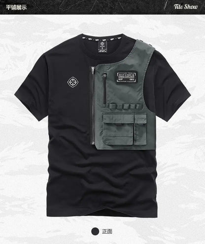Fashion Men Black Techwear 100% Cotton Patch Stich Short Sleeve T-Shirts Summer Mens Oversized Locomotive Style Tooling T Shirt