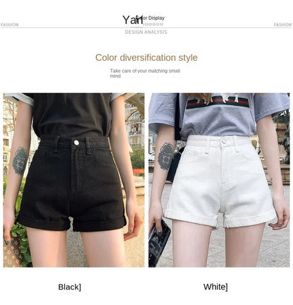 High-Waist Cuffed Denim Shorts Women Summer Korean Style Student Loose Slimming Outerwear A-Line Wide Leg Hot Pants Y2K Shorts