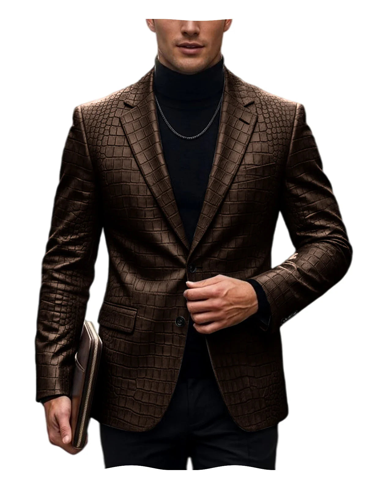 Men's Crocodile Embossed Leather Blazer British Vintage Notched Lapel Slim Fit Business Suit Jacket Two Button Flap Pockets Coat