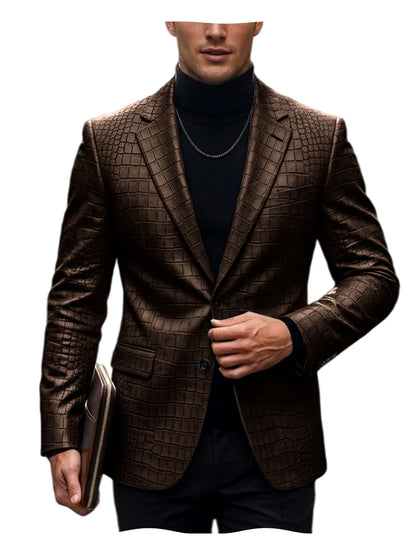Men's Crocodile Embossed Leather Blazer British Vintage Notched Lapel Slim Fit Business Suit Jacket Two Button Flap Pockets Coat