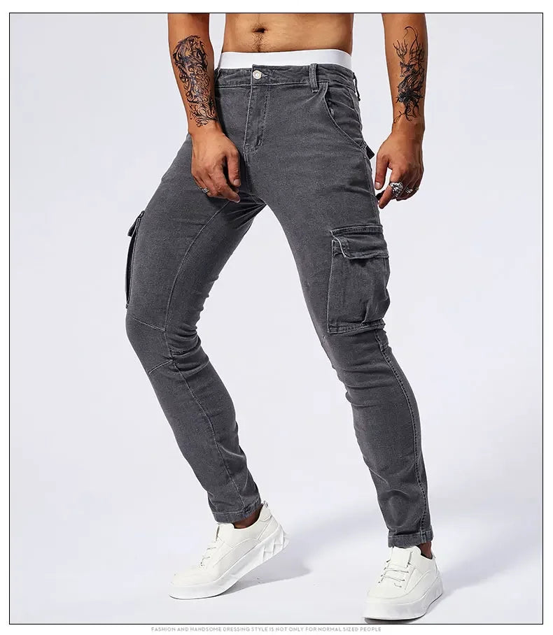 Slim Fit Large Pocket Jeans Cargo Pants for Men Fashionable Casual Hip Hop Stretch Denim Long Pants Male Streetwear Track Pants