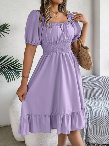 Spring Summer Elegant High Waisted Dress Square Neck Short Sleeved Ruffled Edge Long Dresses 2026 Valentine's Day Woman Clothing