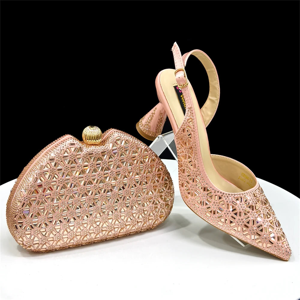 Elegant Black and Gold Pointed-Toe Italian Women's High-Heeled Shoe and Bag Set with Full Diamond Accents – Perfect for Party