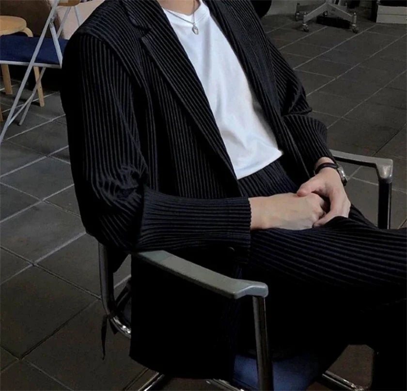 Miyake Pleated Men New Office Black Blazer Luxury High Fashion Suits Partially Lined Autumn Winter Coat