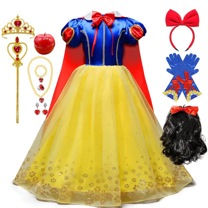 2025 Girls Disney Princess Dress Snow White With Cape Kids Cosplay Halloween Birthday Costumes Children Party Dress 10Y Clothes