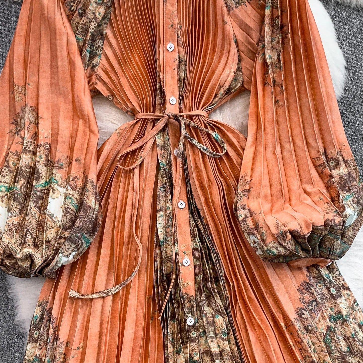 Ele Printed round Ne Lantern Sve Dr Women's Single Button Waist Cinch Maxi Skirt Long Dr Commute Sle Autumn