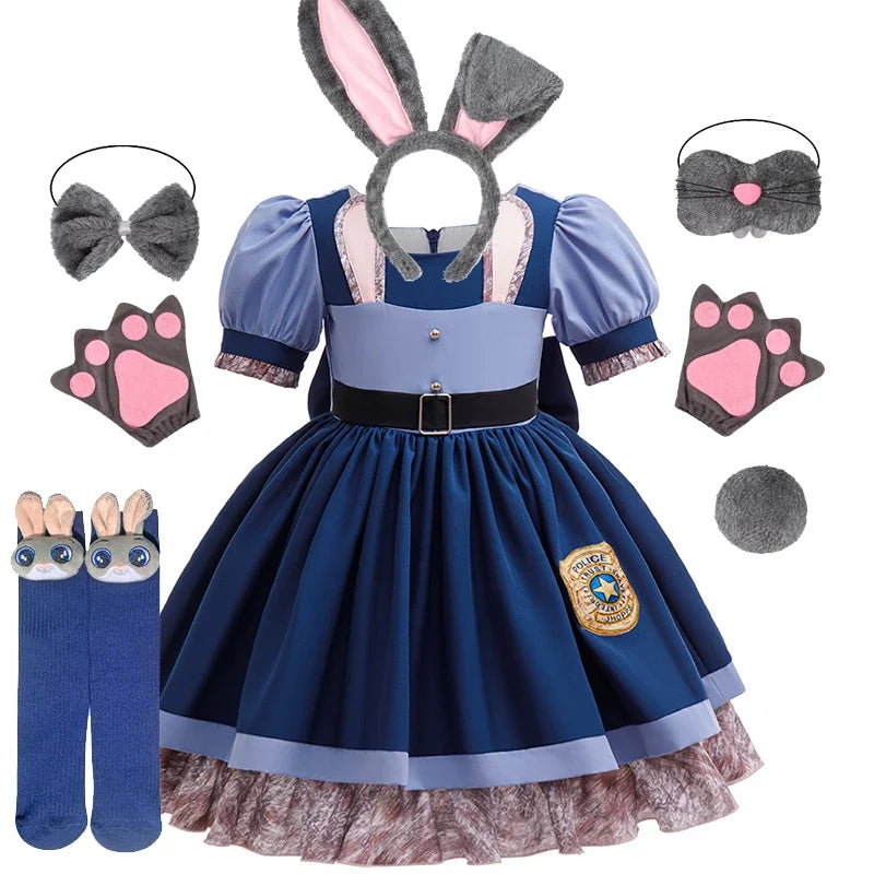 Girls Judy Bunny Police Officer Dress Disney Zootopia 2 Bunny Costume for Kids Cosplay Dress With Accessories Fancy Outfits