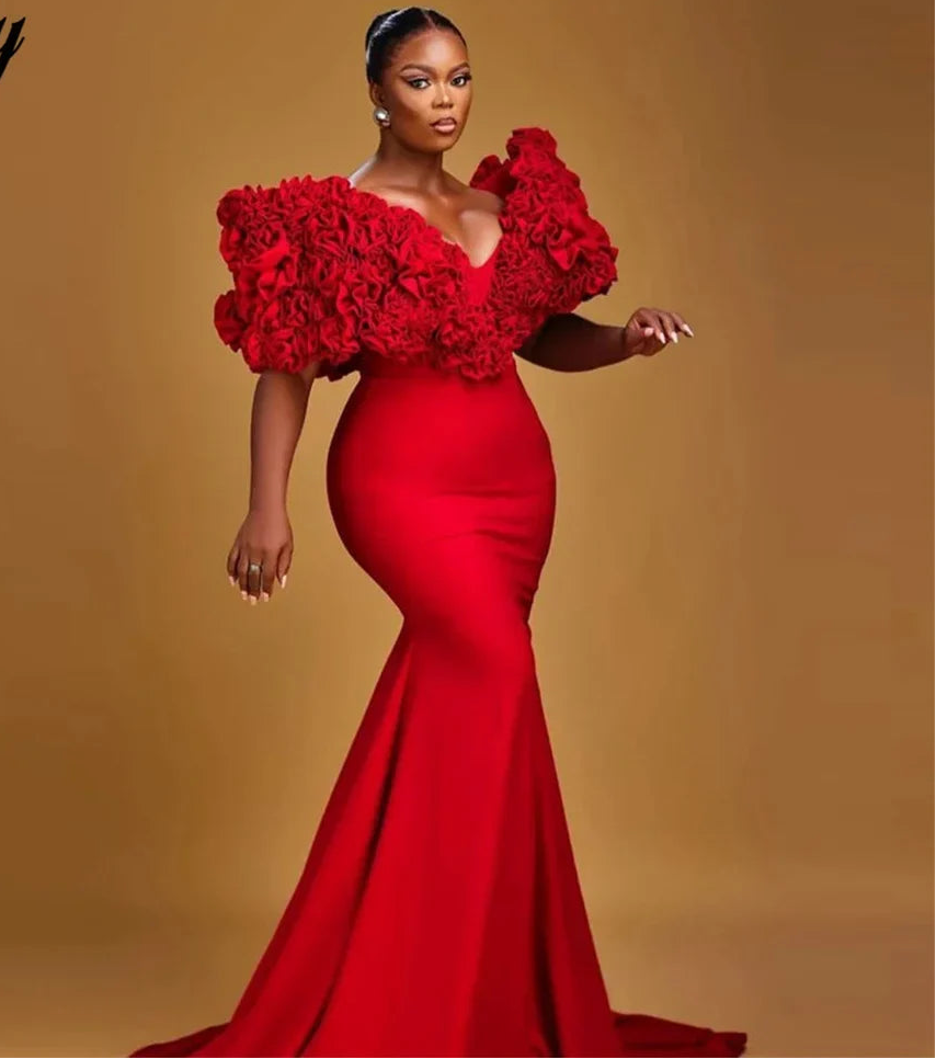 Glamorous Red Prom Dress V - Neckline Mermaid Evening Dresses with Exaggerated Floral - Shoulder Formal Gown Customized