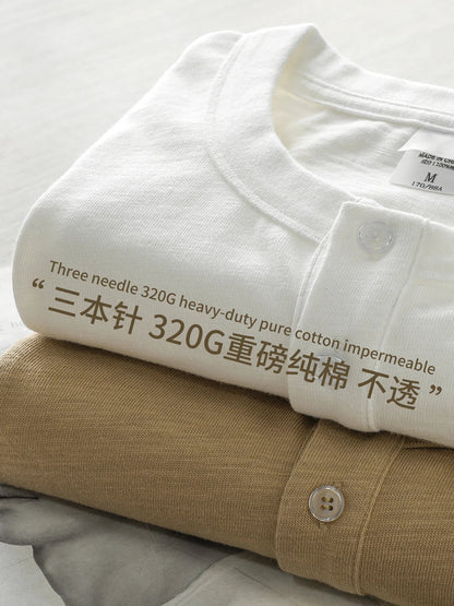 320G Heavyweight 100% Cotton Henley Neck T Shirt for Men Long-Sleeved Spring Autumn Casual Tops Solid Color Undershirts